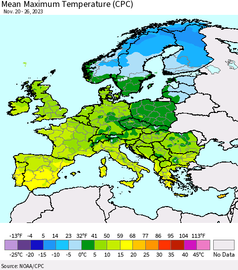 Europe Mean Maximum Temperature (CPC) Thematic Map For 11/20/2023 - 11/26/2023