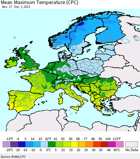Europe Mean Maximum Temperature (CPC) Thematic Map For 11/27/2023 - 12/3/2023