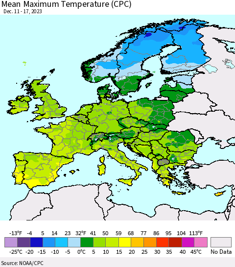 Europe Mean Maximum Temperature (CPC) Thematic Map For 12/11/2023 - 12/17/2023