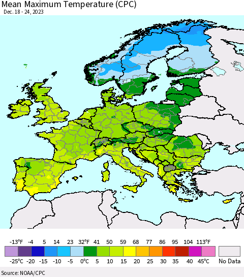Europe Mean Maximum Temperature (CPC) Thematic Map For 12/18/2023 - 12/24/2023