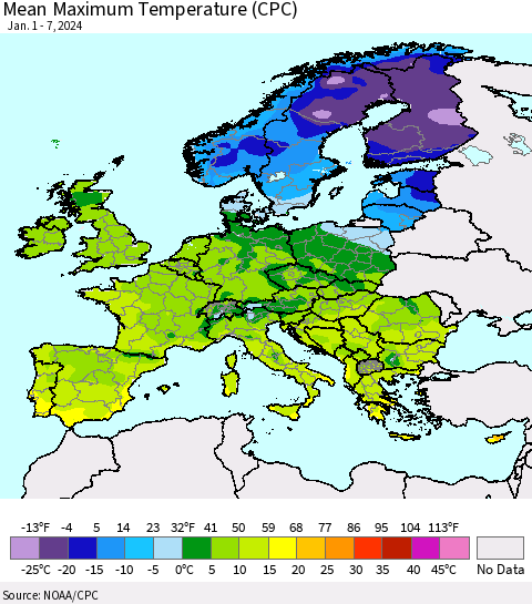 Europe Mean Maximum Temperature (CPC) Thematic Map For 1/1/2024 - 1/7/2024
