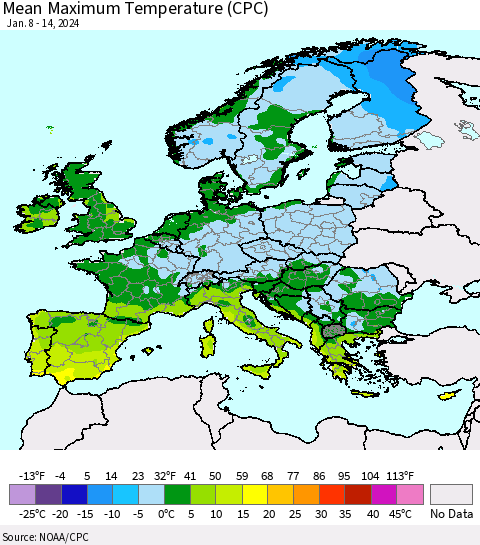 Europe Mean Maximum Temperature (CPC) Thematic Map For 1/8/2024 - 1/14/2024