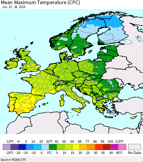 Europe Mean Maximum Temperature (CPC) Thematic Map For 1/22/2024 - 1/28/2024