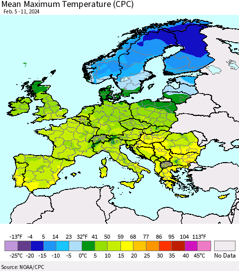 Europe Mean Maximum Temperature (CPC) Thematic Map For 2/5/2024 - 2/11/2024