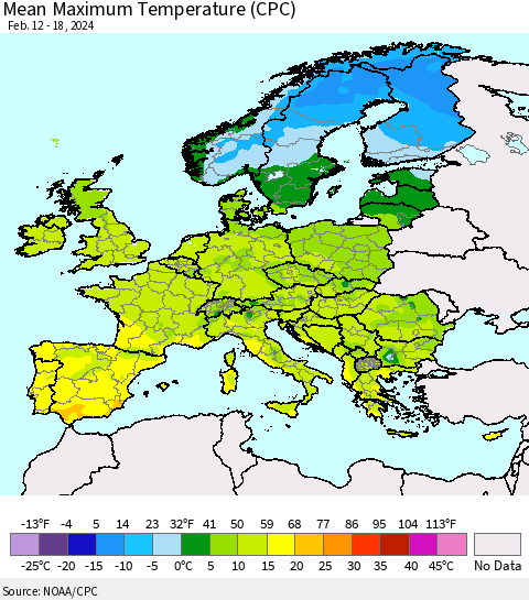 Europe Mean Maximum Temperature (CPC) Thematic Map For 2/12/2024 - 2/18/2024