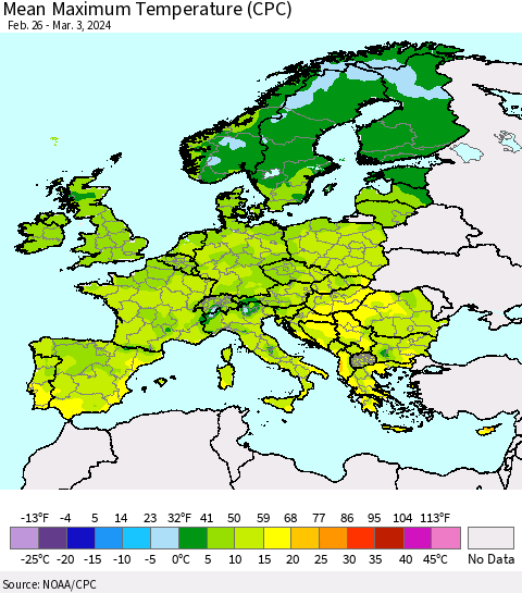 Europe Mean Maximum Temperature (CPC) Thematic Map For 2/26/2024 - 3/3/2024