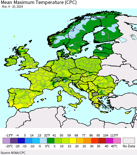 Europe Mean Maximum Temperature (CPC) Thematic Map For 3/4/2024 - 3/10/2024