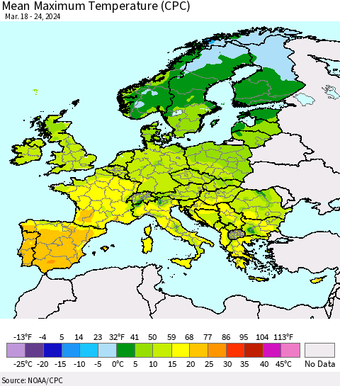 Europe Mean Maximum Temperature (CPC) Thematic Map For 3/18/2024 - 3/24/2024