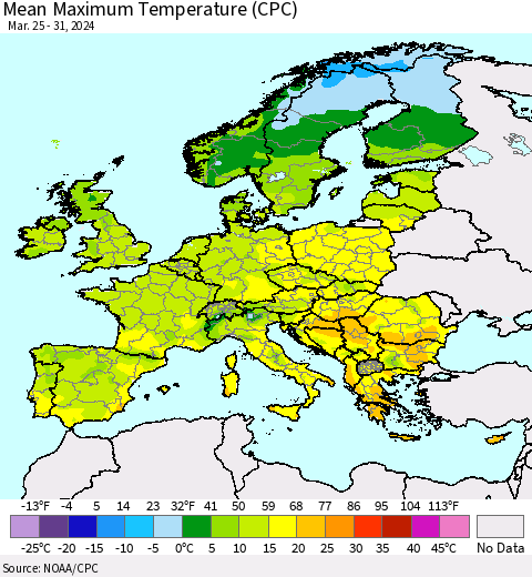 Europe Mean Maximum Temperature (CPC) Thematic Map For 3/25/2024 - 3/31/2024