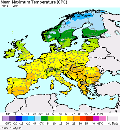 Europe Mean Maximum Temperature (CPC) Thematic Map For 4/1/2024 - 4/7/2024