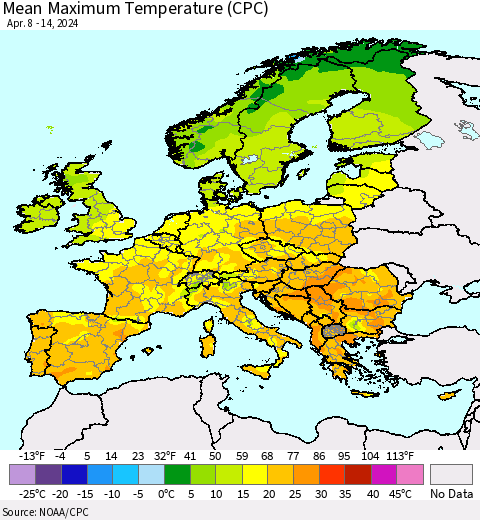 Europe Mean Maximum Temperature (CPC) Thematic Map For 4/8/2024 - 4/14/2024