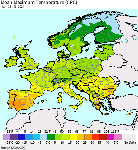 Europe Mean Maximum Temperature (CPC) Thematic Map For 4/15/2024 - 4/21/2024