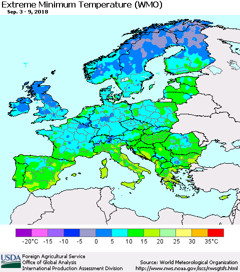 Europe Minimum Daily Temperature (WMO) Thematic Map For 9/3/2018 - 9/9/2018