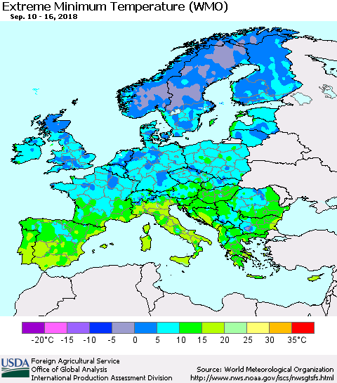 Europe Minimum Daily Temperature (WMO) Thematic Map For 9/10/2018 - 9/16/2018