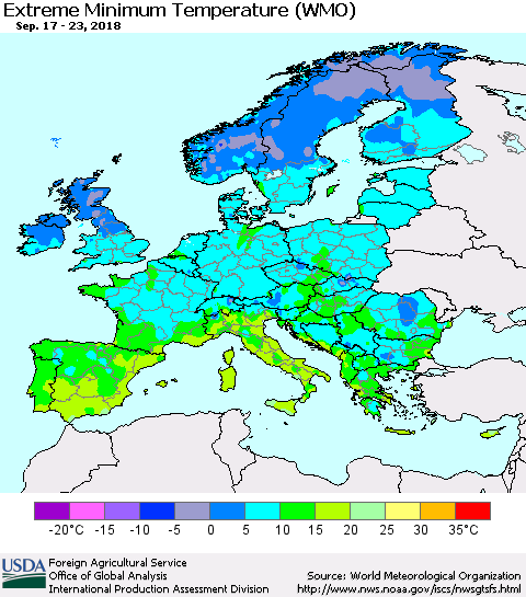 Europe Minimum Daily Temperature (WMO) Thematic Map For 9/17/2018 - 9/23/2018