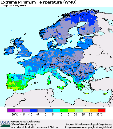 Europe Minimum Daily Temperature (WMO) Thematic Map For 9/24/2018 - 9/30/2018