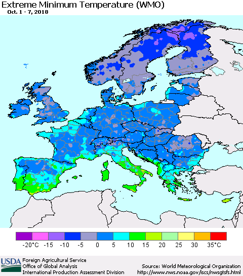 Europe Minimum Daily Temperature (WMO) Thematic Map For 10/1/2018 - 10/7/2018