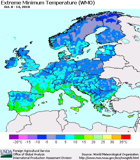 Europe Minimum Daily Temperature (WMO) Thematic Map For 10/8/2018 - 10/14/2018