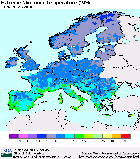 Europe Minimum Daily Temperature (WMO) Thematic Map For 10/15/2018 - 10/21/2018