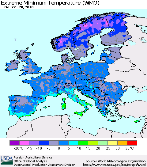Europe Minimum Daily Temperature (WMO) Thematic Map For 10/22/2018 - 10/28/2018