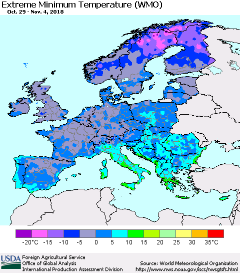 Europe Minimum Daily Temperature (WMO) Thematic Map For 10/29/2018 - 11/4/2018
