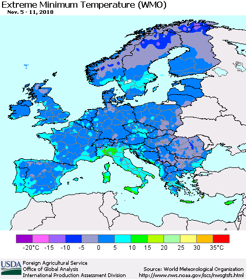 Europe Minimum Daily Temperature (WMO) Thematic Map For 11/5/2018 - 11/11/2018