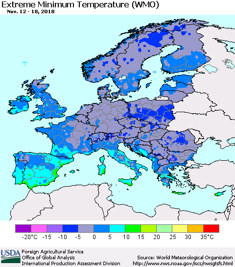 Europe Minimum Daily Temperature (WMO) Thematic Map For 11/12/2018 - 11/18/2018