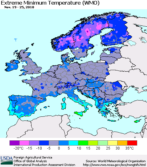 Europe Minimum Daily Temperature (WMO) Thematic Map For 11/19/2018 - 11/25/2018