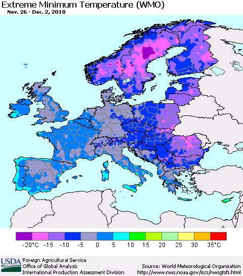 Europe Minimum Daily Temperature (WMO) Thematic Map For 11/26/2018 - 12/2/2018