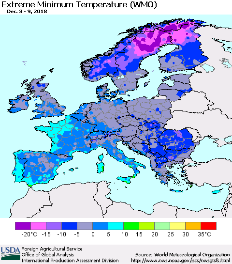 Europe Minimum Daily Temperature (WMO) Thematic Map For 12/3/2018 - 12/9/2018