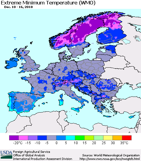 Europe Minimum Daily Temperature (WMO) Thematic Map For 12/10/2018 - 12/16/2018