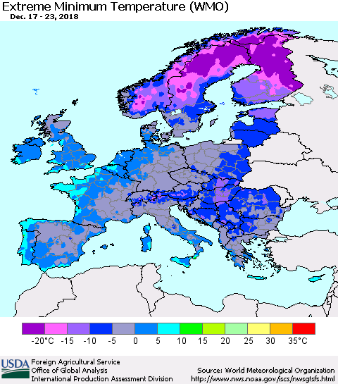 Europe Minimum Daily Temperature (WMO) Thematic Map For 12/17/2018 - 12/23/2018