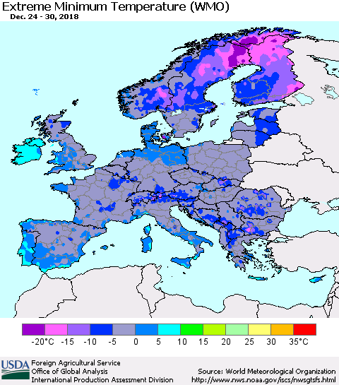 Europe Minimum Daily Temperature (WMO) Thematic Map For 12/24/2018 - 12/30/2018