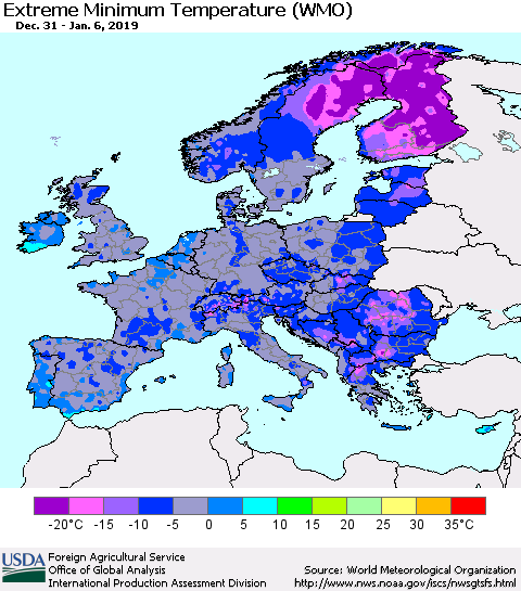 Europe Minimum Daily Temperature (WMO) Thematic Map For 12/31/2018 - 1/6/2019