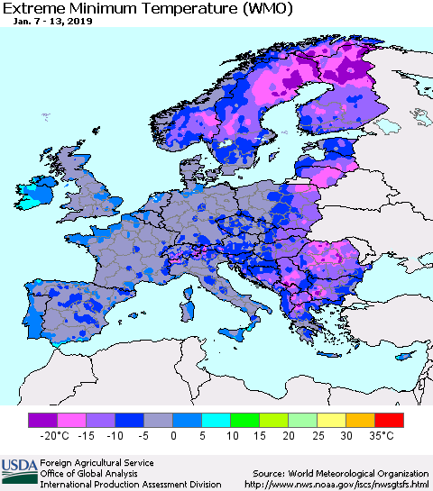 Europe Minimum Daily Temperature (WMO) Thematic Map For 1/7/2019 - 1/13/2019