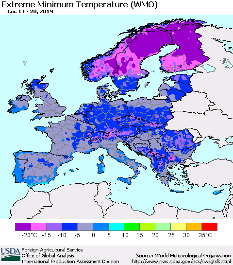 Europe Minimum Daily Temperature (WMO) Thematic Map For 1/14/2019 - 1/20/2019