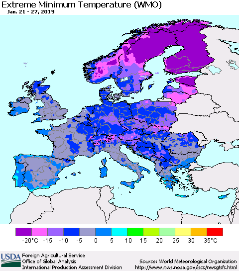 Europe Minimum Daily Temperature (WMO) Thematic Map For 1/21/2019 - 1/27/2019