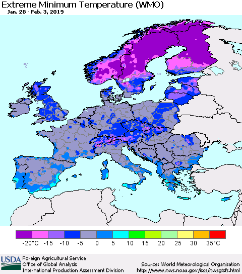 Europe Minimum Daily Temperature (WMO) Thematic Map For 1/28/2019 - 2/3/2019
