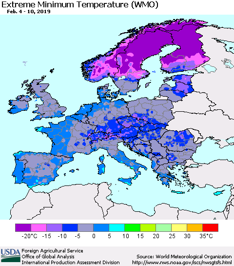 Europe Minimum Daily Temperature (WMO) Thematic Map For 2/4/2019 - 2/10/2019