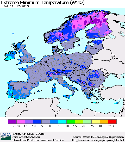 Europe Minimum Daily Temperature (WMO) Thematic Map For 2/11/2019 - 2/17/2019