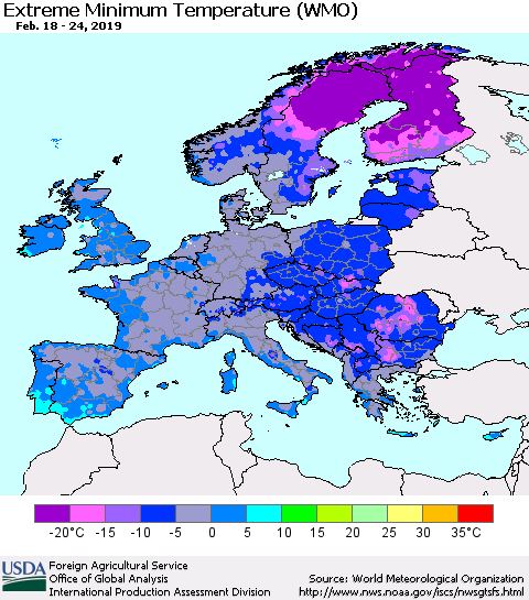 Europe Minimum Daily Temperature (WMO) Thematic Map For 2/18/2019 - 2/24/2019