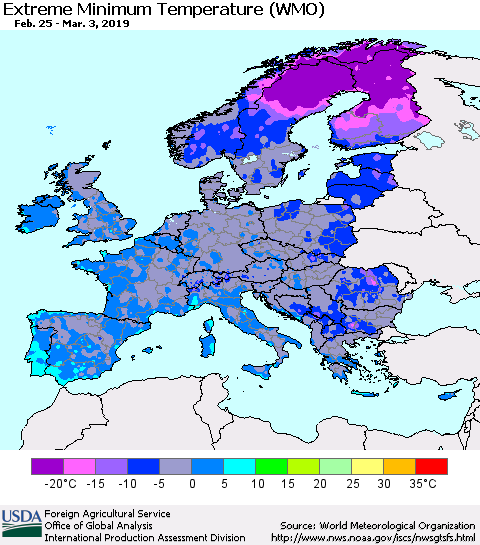 Europe Minimum Daily Temperature (WMO) Thematic Map For 2/25/2019 - 3/3/2019