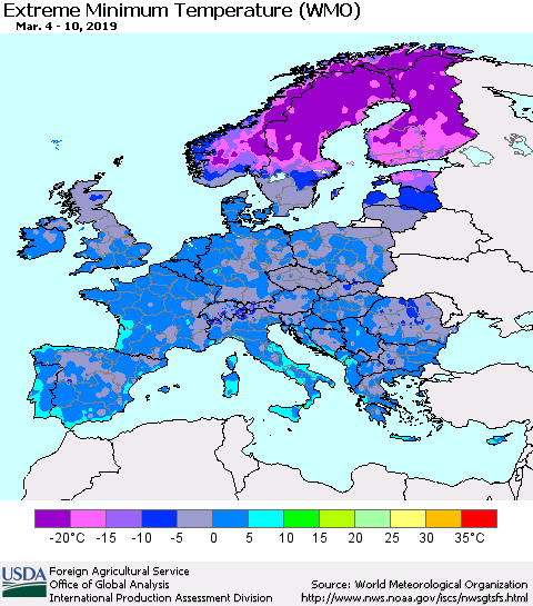 Europe Minimum Daily Temperature (WMO) Thematic Map For 3/4/2019 - 3/10/2019