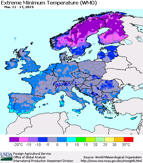 Europe Minimum Daily Temperature (WMO) Thematic Map For 3/11/2019 - 3/17/2019