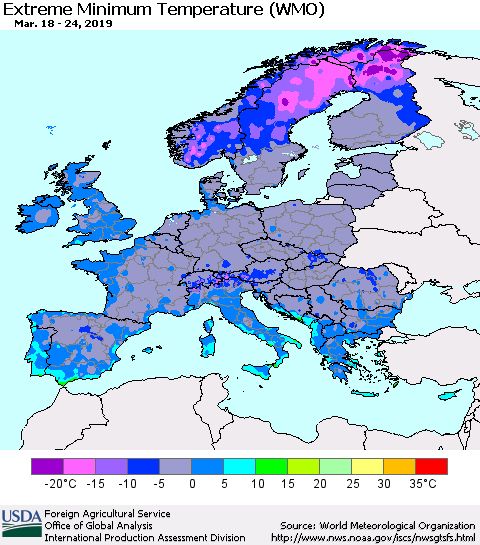 Europe Minimum Daily Temperature (WMO) Thematic Map For 3/18/2019 - 3/24/2019