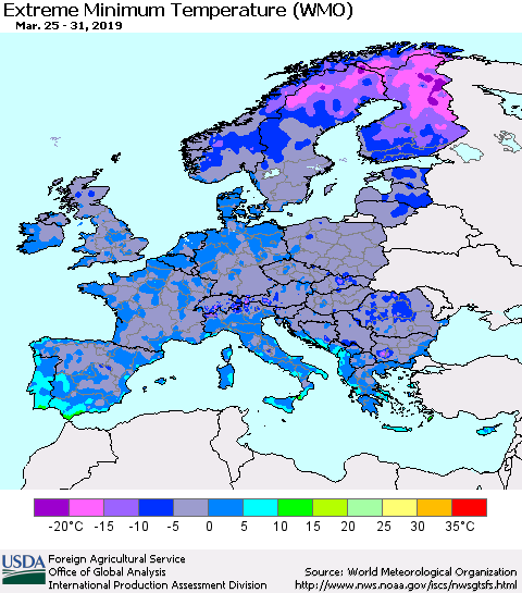 Europe Minimum Daily Temperature (WMO) Thematic Map For 3/25/2019 - 3/31/2019