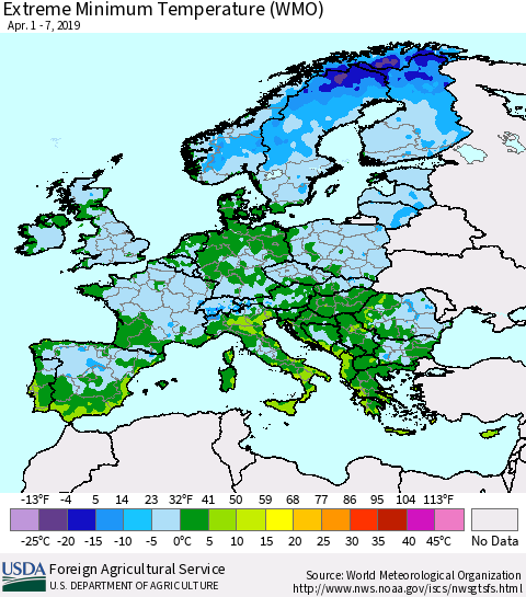 Europe Minimum Daily Temperature (WMO) Thematic Map For 4/1/2019 - 4/7/2019