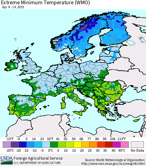 Europe Minimum Daily Temperature (WMO) Thematic Map For 4/8/2019 - 4/14/2019