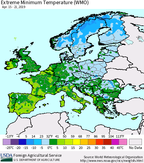 Europe Minimum Daily Temperature (WMO) Thematic Map For 4/15/2019 - 4/21/2019
