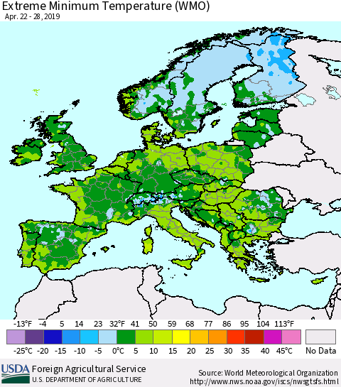 Europe Minimum Daily Temperature (WMO) Thematic Map For 4/22/2019 - 4/28/2019